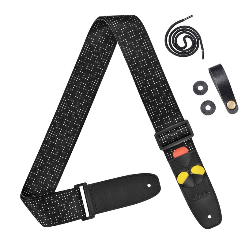 Amumu White Dot Guitar Strap with 3 Pick Holders for Acoustic, Electric, Bass Guitars -Black - Image 1